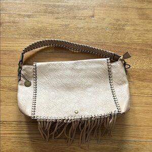 Cream Shoulder Bag with Fringe and Braided Strap VEGAN LEATHER